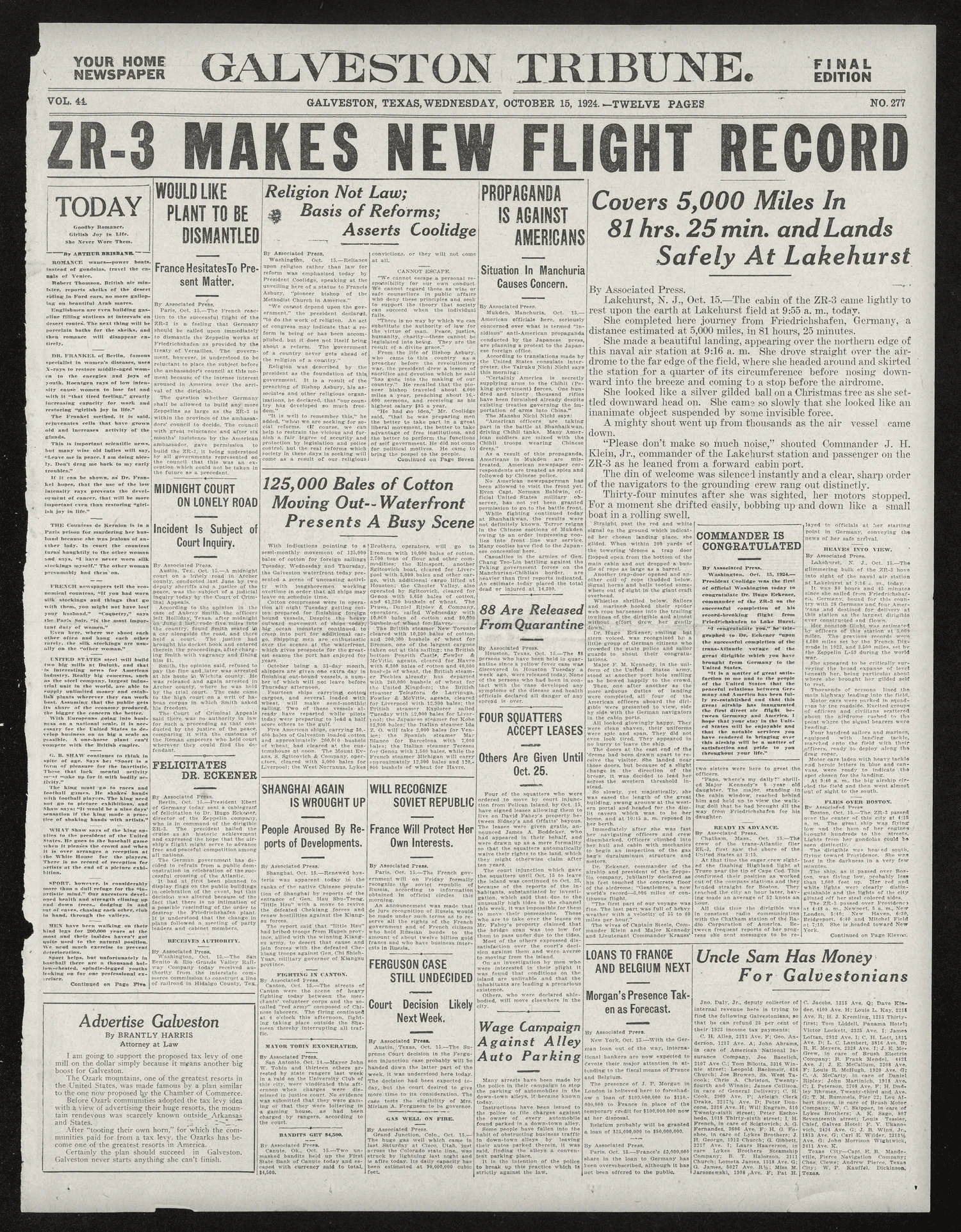 Galveston Tribune. (Galveston, Tex.), Vol. 44, No. 277, Ed. 1 Wednesday, October 15, 1924